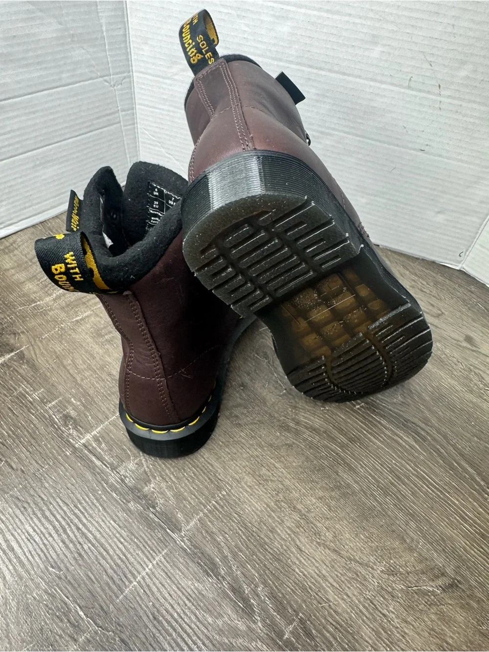 Dr. Martens Men’s Oxblood Leather 6-Eye Lace-Up Boots with Yellow Stitching
